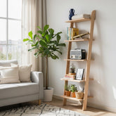 Natural Wood Ladder Shelf - 5 Tier Rustic Bookshelf - Minimalist Wooden Display Rack - Modern Wall Shelf