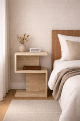 Travertine Side Table – Modern Minimalist Nightstand – Stone Look Bedside Table – Scandinavian Bedroom Furniture