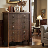 Tall Fluted 5 Drawer Dresser Vintage Dark Brown Chest Storage Cabinet