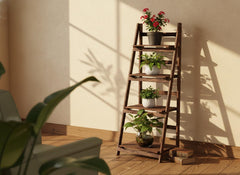 Rustic Wooden Ladder Shelf, Foldable Plant Stand, 4 Tier Bookshelf Storage Rack
