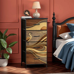 Japanese Bedroom Dresser Tall Narrow Storage Unit Fabric Drawer Organizer Chest Wave Pattern Crane Artwork Furniture Asian Style Cabinet