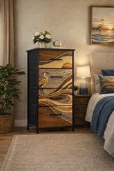 Japanese Bedroom Dresser Tall Narrow Storage Unit Fabric Drawer Organizer Chest Wave Pattern Crane Artwork Furniture Asian Style Cabinet