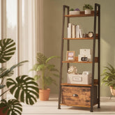 5 Tier Ladder Shelf with Drawer, Rustic Bookshelf, Narrow Storage Rack, Freestanding Bookcase, Plant Stand, Home Office Decor