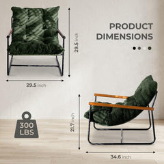 Modern Corduroy Accent Chair, Green Cozy Armchair with Wooden Armrests, Minimalist Living Room Lounge Seating, Comfy Bedroom Reading Chair