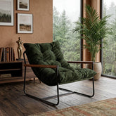 Modern Corduroy Accent Chair, Green Cozy Armchair with Wooden Armrests, Minimalist Living Room Lounge Seating, Comfy Bedroom Reading Chair