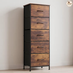 5 Drawer Tall Dresser, Slim Fabric Storage Organizer, Rustic Wood Top, Freestanding Tower