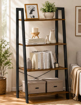 Industrial Ladder Bookshelf, 4 Tier Rustic Brown Storage Shelf