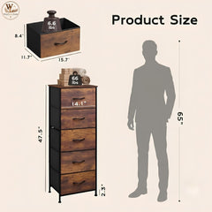 5 Drawer Tall Dresser, Slim Fabric Storage Organizer, Rustic Wood Top, Freestanding Tower