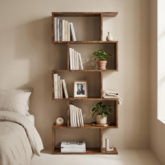 Asymmetrical Wooden Bookshelf, 5 Tier Open Bookcase, Geometric Display Shelf, Freestanding Floor Shelf for Living Room
