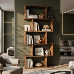 Asymmetrical Wooden Bookshelf, 5 Tier Open Bookcase, Geometric Display Shelf, Freestanding Floor Shelf for Living Room