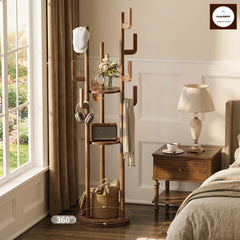 Rotating Wood Coat Rack Freestanding, Hall Tree with 3 Shelves & 9 Hooks, Solid Rubberwood Corner Garment Rack, Entryway Coat Stand