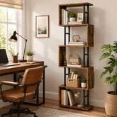 6 Tier S Shaped Bookshelf, Rustic Brown, Tall Display Shelf, 12 Compartment Storage Organizer for Home Office Decor 9.4 x 15 x 61.9 In