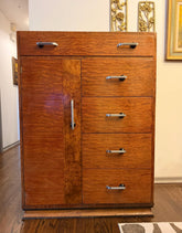 1940s Art Deco Williamsport Tiger Wood Streamline Highboy Dresser with Cabinet