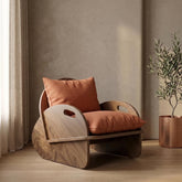 Mid Century Plywood Lounge Chair, Natural Wood Armchair with Linen Cushion