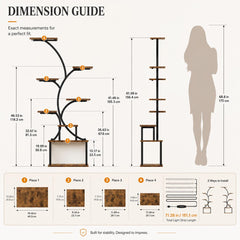 8 Tier Tree Bookshelf with LED Lights, 61.5" Corner Display Shelf, Metal Wood Plant Stand, Living Room Bedroom Storage Rack