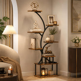 8 Tier Tree Bookshelf with LED Lights, 61.5" Corner Display Shelf, Metal Wood Plant Stand, Living Room Bedroom Storage Rack