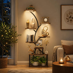 8 Tier Tree Bookshelf with LED Lights, 61.5" Corner Display Shelf, Metal Wood Plant Stand, Living Room Bedroom Storage Rack