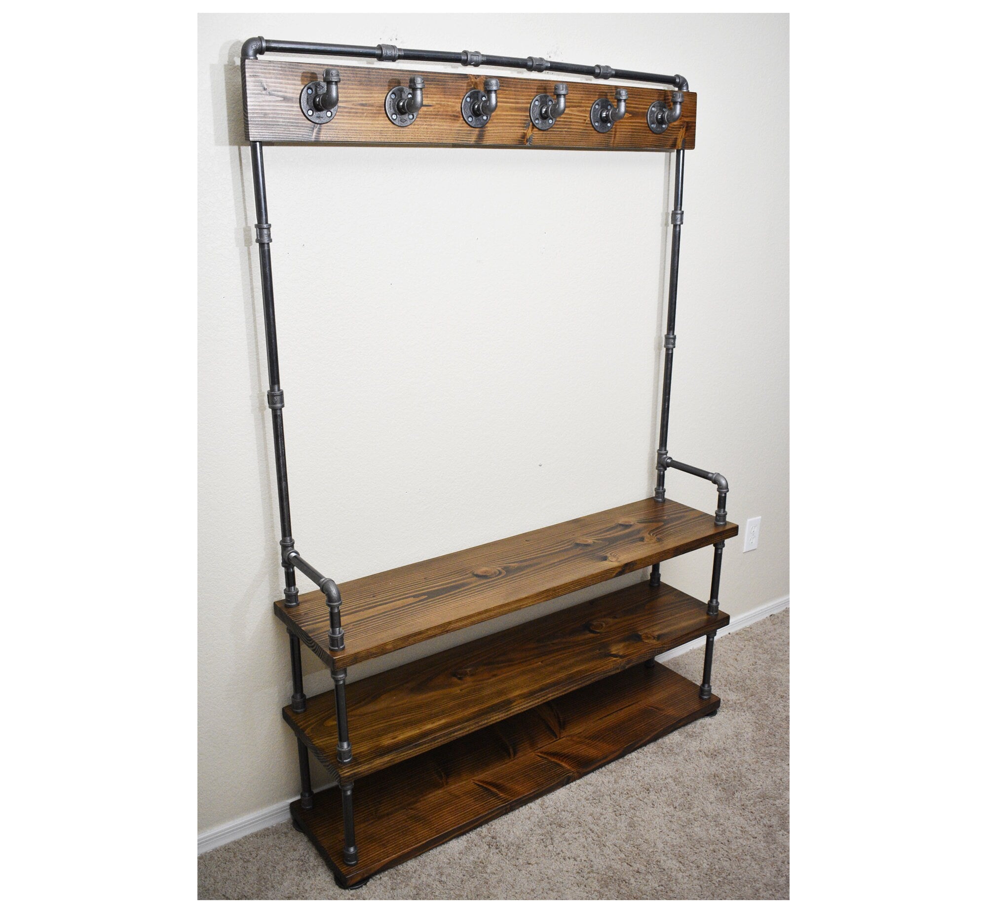 Industrial Style Entryway Bench with Coat Hooks and Shoe Rack, Mudroom Organization Coat Rack and Shoe Bench Hall Tree