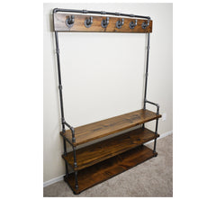 Industrial Style Entryway Bench with Coat Hooks and Shoe Rack, Mudroom Organization Coat Rack and Shoe Bench Hall Tree