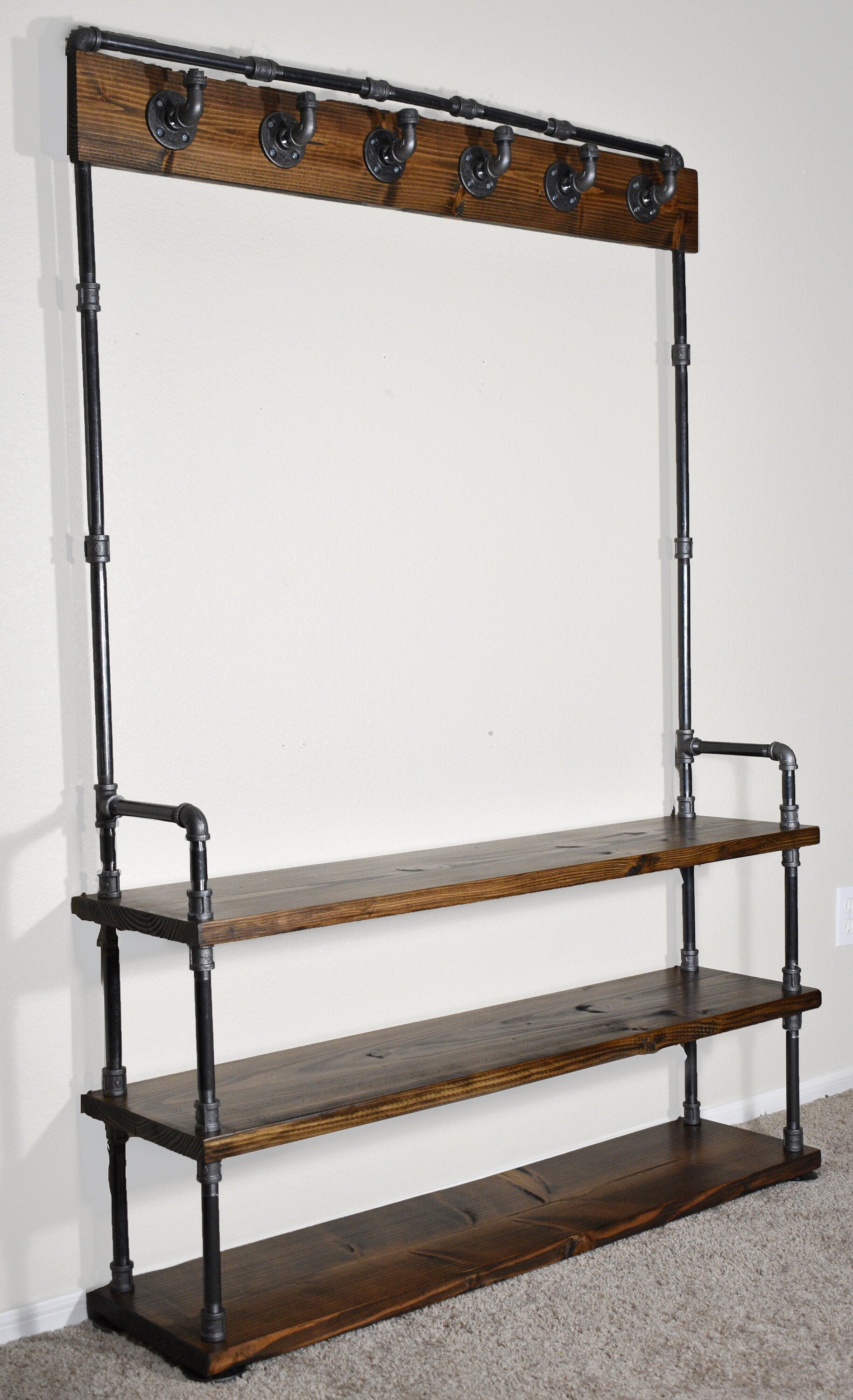 Industrial Style Entryway Bench with Coat Hooks and Shoe Rack, Mudroom Organization Coat Rack and Shoe Bench Hall Tree