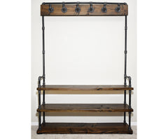 Industrial Style Entryway Bench with Coat Hooks and Shoe Rack, Mudroom Organization Coat Rack and Shoe Bench Hall Tree