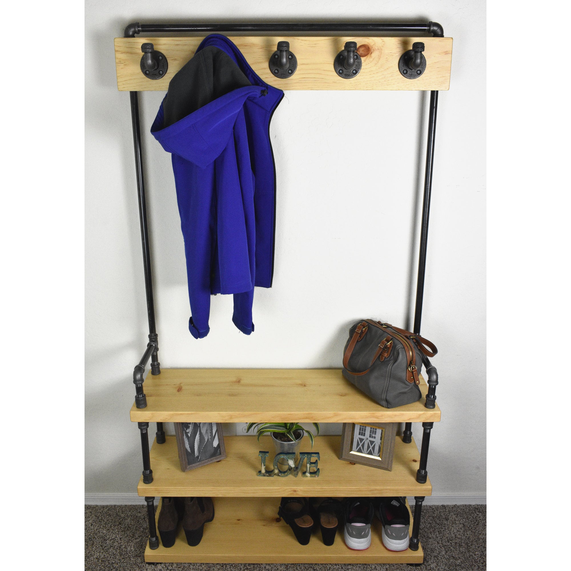 Industrial Style Entryway Bench with Coat Hooks and Shoe Rack, Mudroom Organization Coat Rack and Shoe Bench Hall Tree