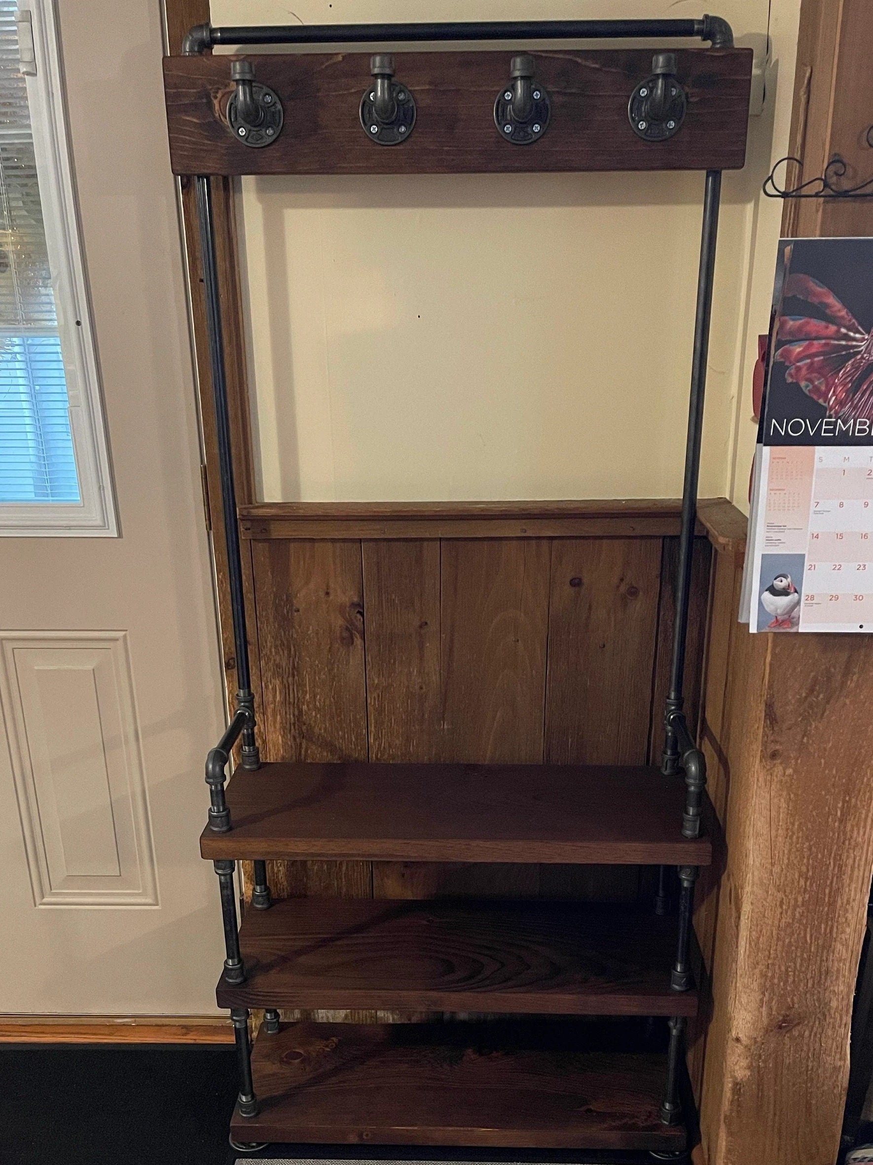 Industrial Style Entryway Bench with Coat Hooks and Shoe Rack, Mudroom Organization Coat Rack and Shoe Bench Hall Tree