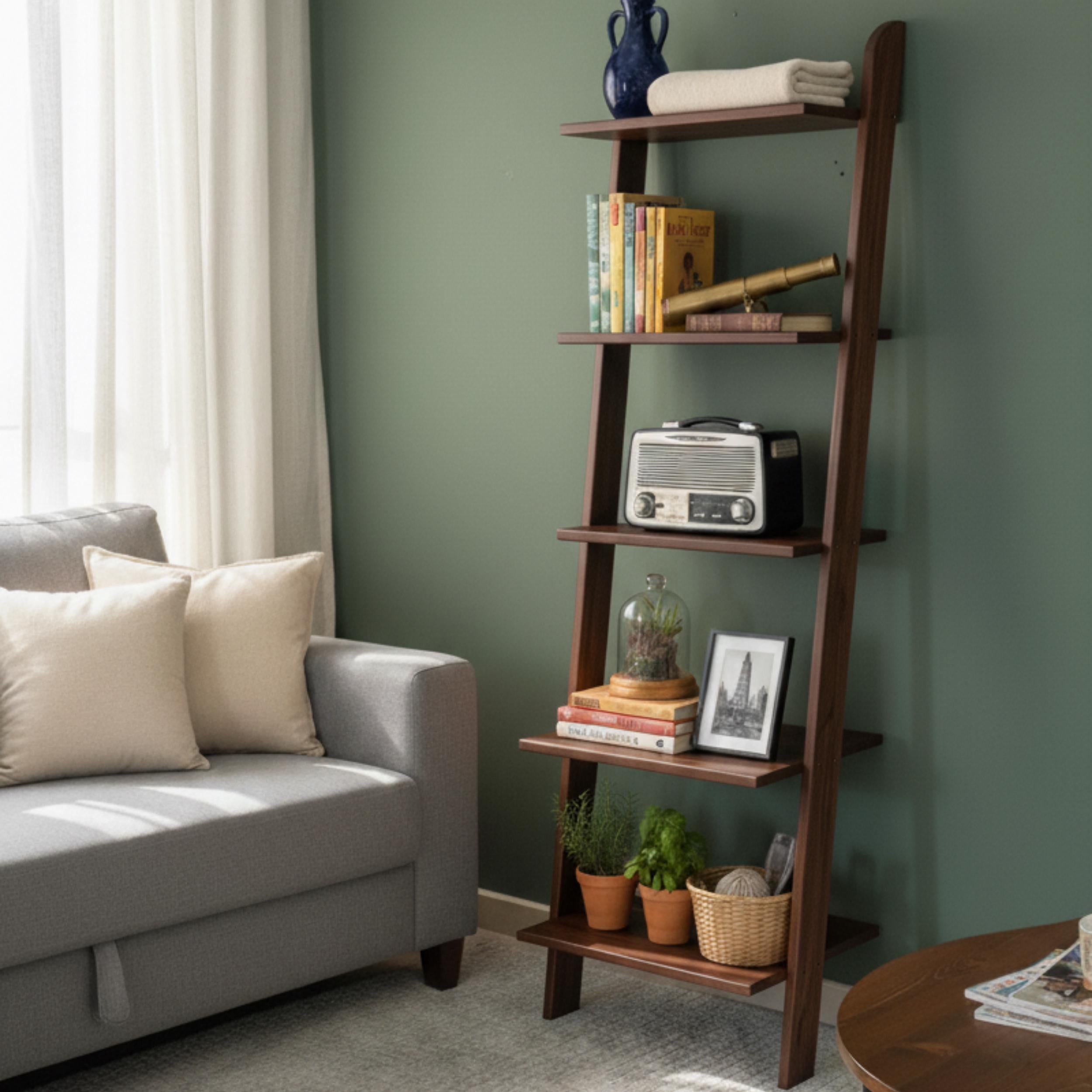 Natural Wood Ladder Shelf - 5 Tier Rustic Bookshelf - Minimalist Wooden Display Rack - Modern Wall Shelf