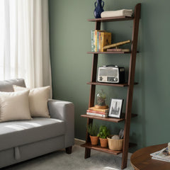 Natural Wood Ladder Shelf - 5 Tier Rustic Bookshelf - Minimalist Wooden Display Rack - Modern Wall Shelf