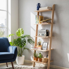 Natural Wood Ladder Shelf - 5 Tier Rustic Bookshelf - Minimalist Wooden Display Rack - Modern Wall Shelf