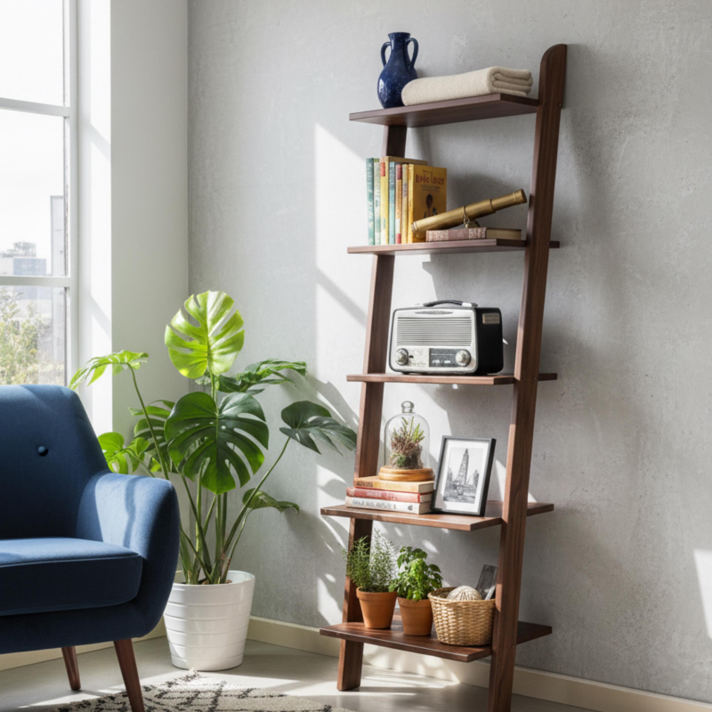 Natural Wood Ladder Shelf - 5 Tier Rustic Bookshelf - Minimalist Wooden Display Rack - Modern Wall Shelf