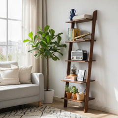 Natural Wood Ladder Shelf - 5 Tier Rustic Bookshelf - Minimalist Wooden Display Rack - Modern Wall Shelf