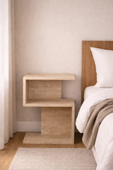 Travertine Side Table – Modern Minimalist Nightstand – Stone Look Bedside Table – Scandinavian Bedroom Furniture
