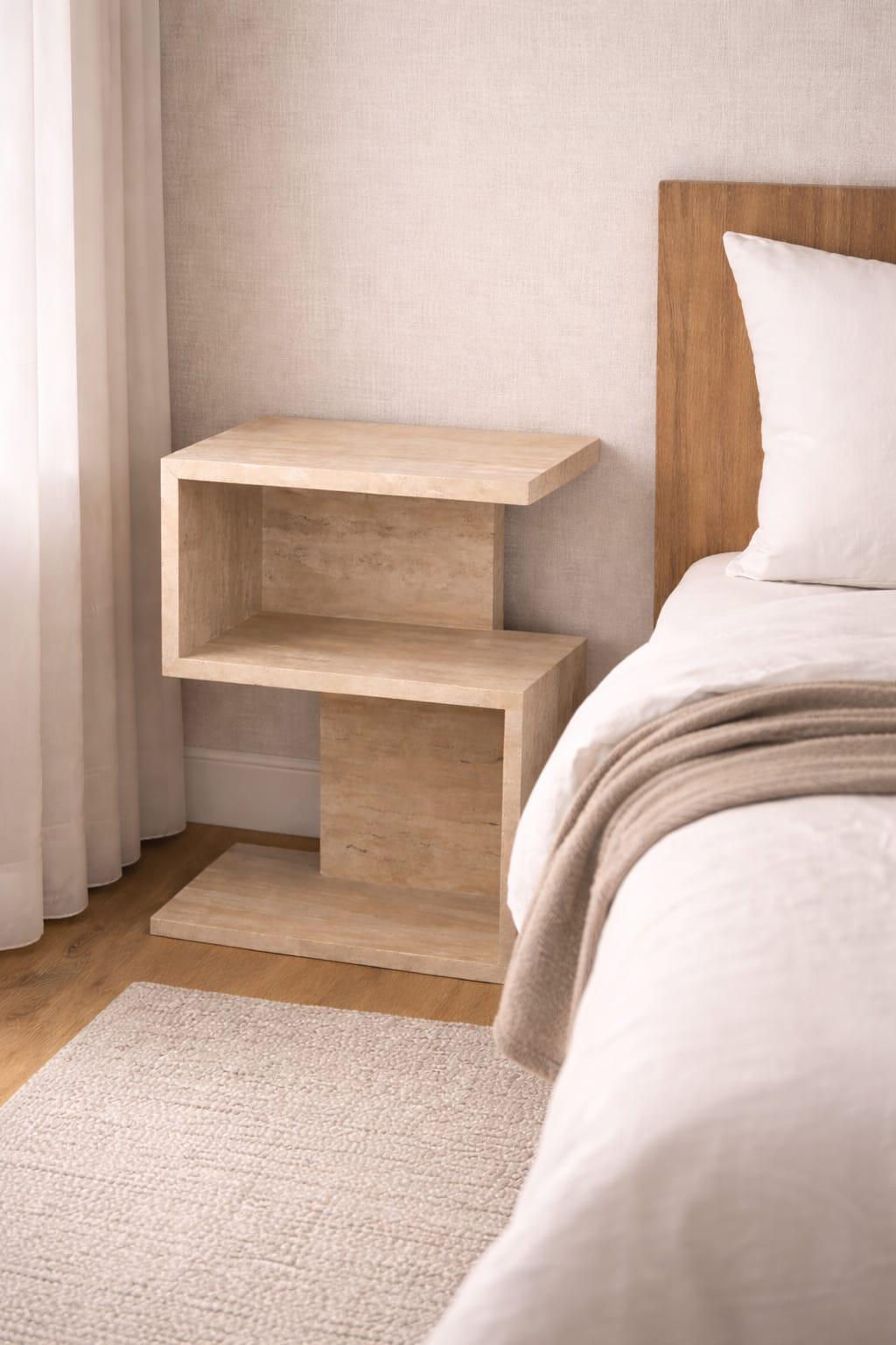 Travertine Side Table – Modern Minimalist Nightstand – Stone Look Bedside Table – Scandinavian Bedroom Furniture