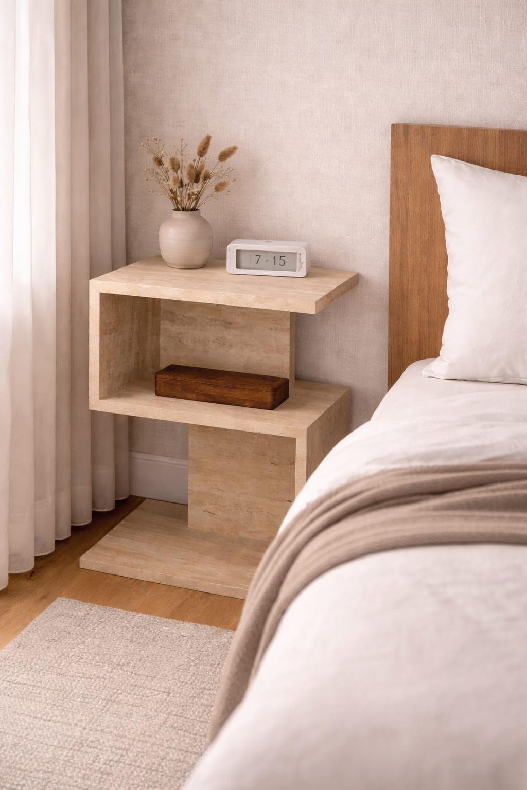 Travertine Side Table – Modern Minimalist Nightstand – Stone Look Bedside Table – Scandinavian Bedroom Furniture