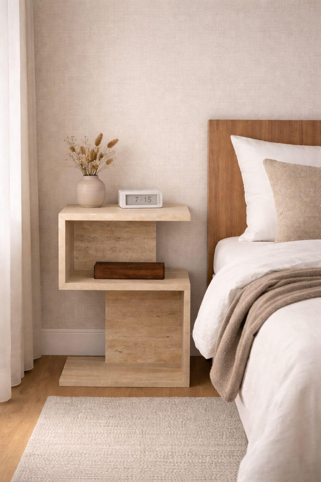 Travertine Side Table – Modern Minimalist Nightstand – Stone Look Bedside Table – Scandinavian Bedroom Furniture