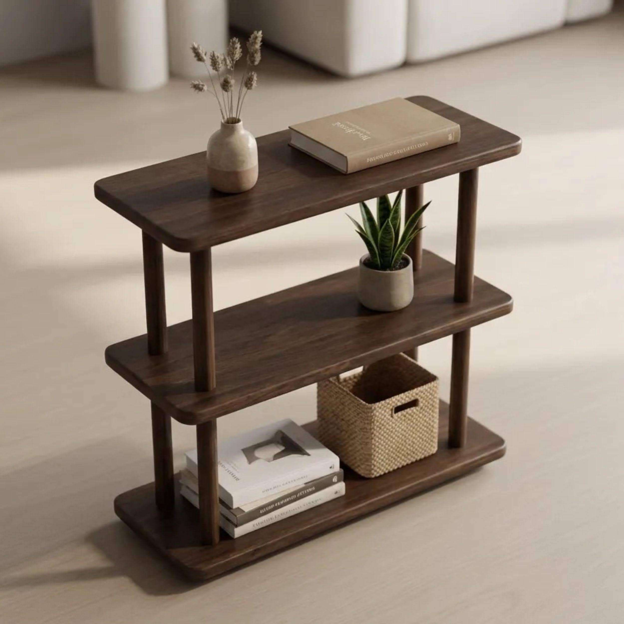 Narrow Solid Wood 3 Tier End Side Table, Space Saving Slim Book Organizer Storage Table for Small Spaces