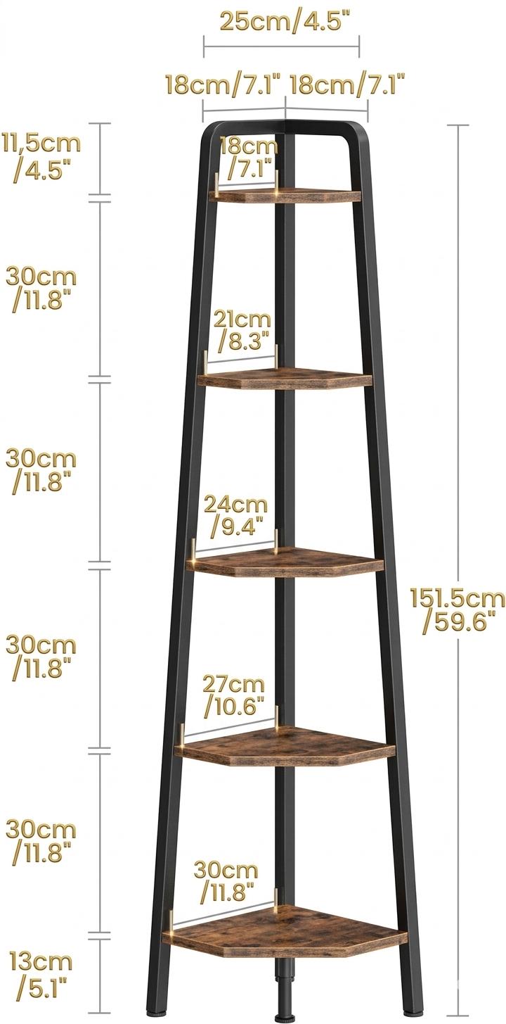5 Tier Corner Shelf Rustic Industrial Ladder Bookshelf