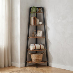 5 Tier Corner Shelf Rustic Industrial Ladder Bookshelf