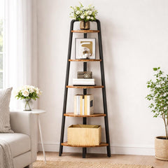 5 Tier Corner Shelf Rustic Industrial Ladder Bookshelf