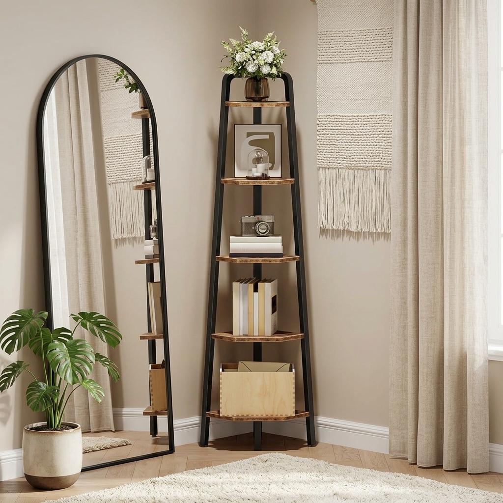 5 Tier Corner Shelf Rustic Industrial Ladder Bookshelf