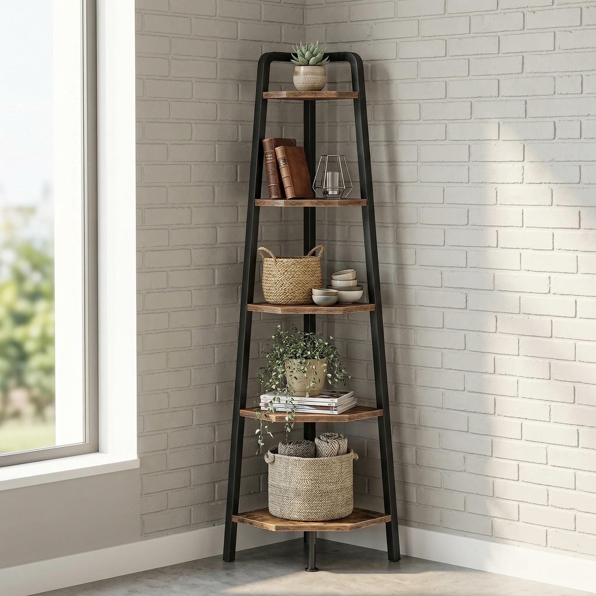 5 Tier Corner Shelf Rustic Industrial Ladder Bookshelf