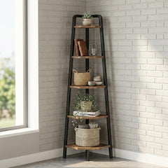 5 Tier Corner Shelf Rustic Industrial Ladder Bookshelf