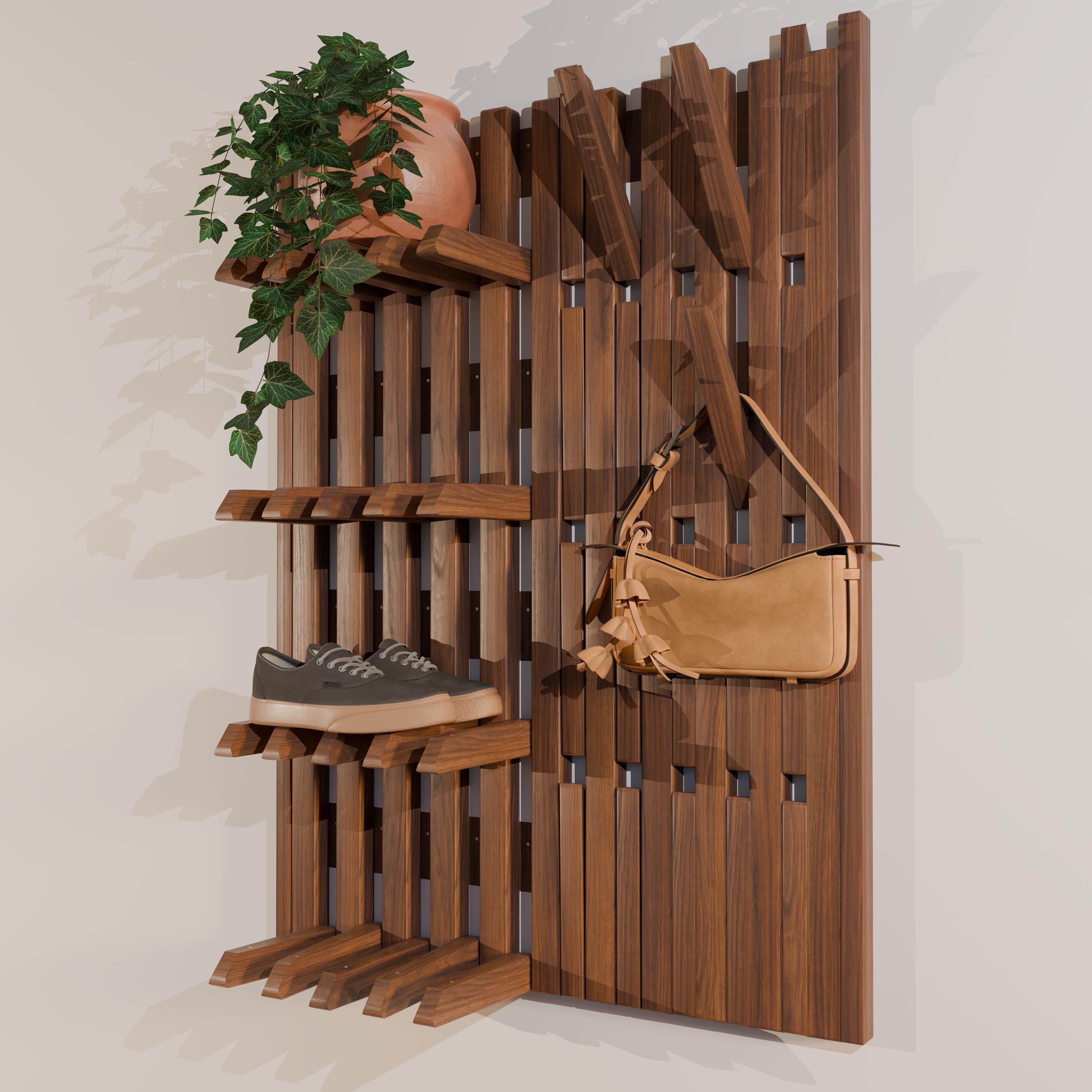 Modern Entryway Organizer | Solid Wood Wall Rack with Hooks | Shoe Storage | Coat Rack | Japandi Storage