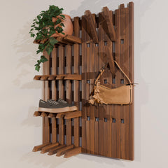 Modern Entryway Organizer | Solid Wood Wall Rack with Hooks | Shoe Storage | Coat Rack | Japandi Storage