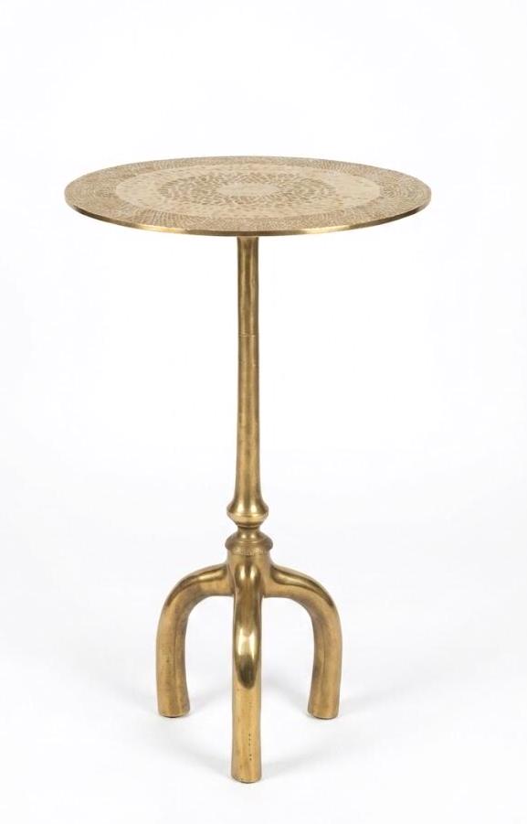 Round Brass Side Table with Lines Textured Top