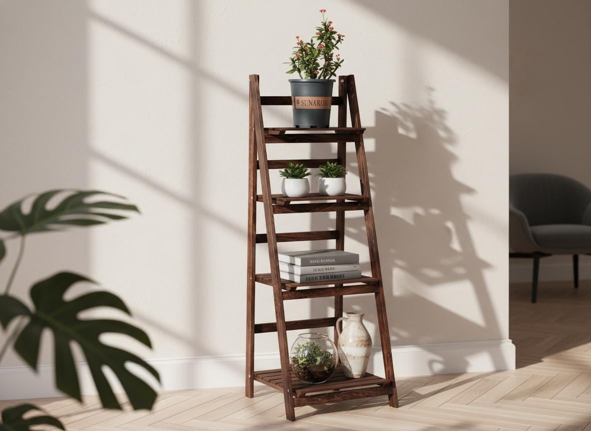 Rustic Wooden Ladder Shelf, Foldable Plant Stand, 4 Tier Bookshelf Storage Rack
