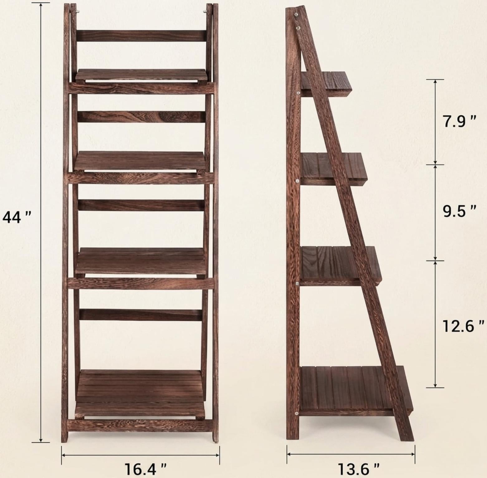 Rustic Wooden Ladder Shelf, Foldable Plant Stand, 4 Tier Bookshelf Storage Rack