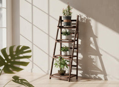 Rustic Wooden Ladder Shelf, Foldable Plant Stand, 4 Tier Bookshelf Storage Rack
