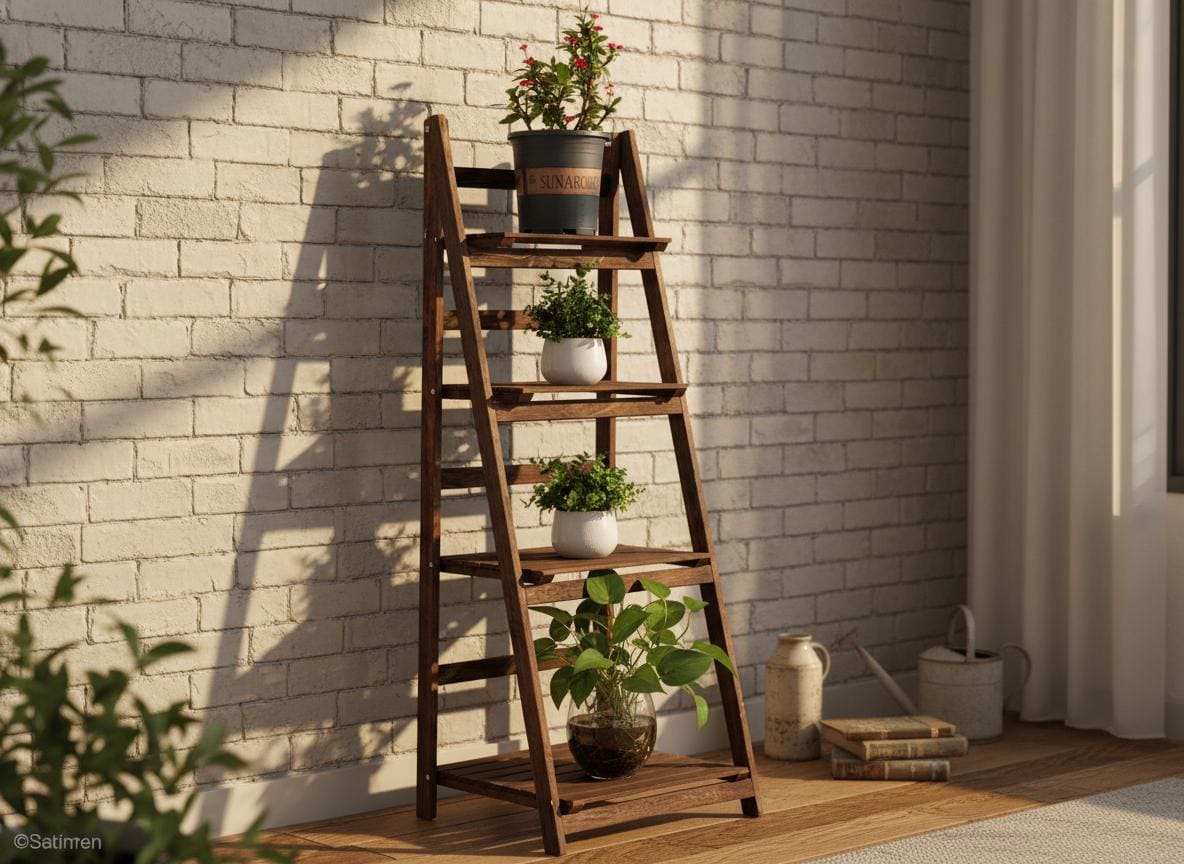 Rustic Wooden Ladder Shelf, Foldable Plant Stand, 4 Tier Bookshelf Storage Rack